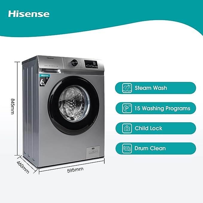 Hisense 6.0 Kg Fully-Automatic Front Loading Washing Machine (WFVB6010MS, Silver, Steam Wash, Built in Heater), Silver(OPEN BOX) Hisense 6.0 Kg Fully-Automatic Front Loading Washing Machine (WFVB6010MS, Silver, Steam Wash, Built in Heater), Silver(OPEN BOX)